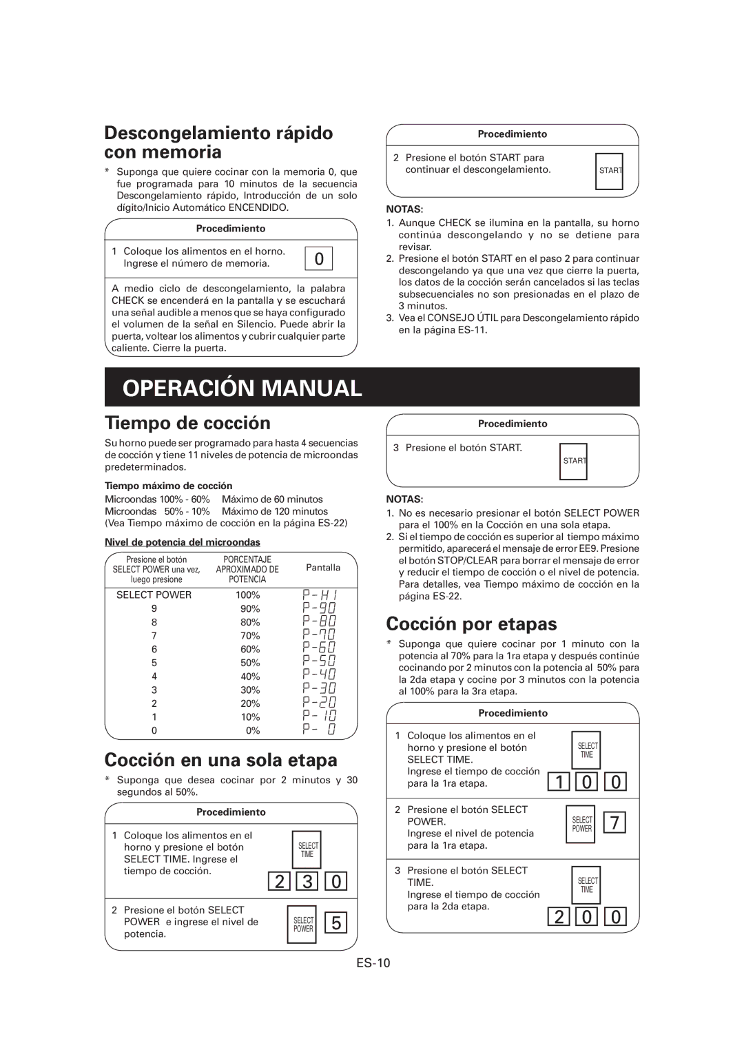 Sharp CD2200M, CD1800M Operación Manual, Descongelamiento rápido con memoria, Tiempo de cocción, Cocción en una sola etapa 