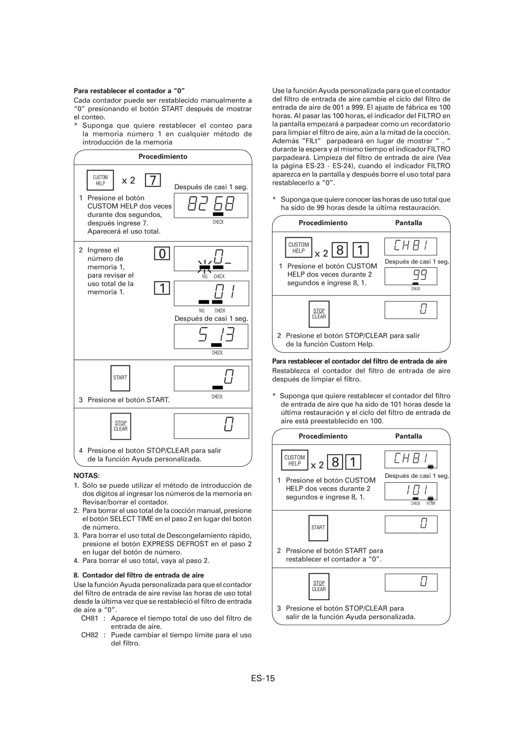 Sharp CD1800M, R-CD1200M ES-15, Para restablecer el contador a, Para restablecer el contador del ﬁltro de entrada de aire 