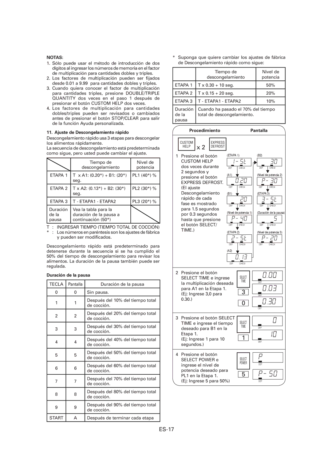 Sharp R-CD1200M, CD1800M, CD2200M ES-17, Ajuste de Descongelamiento rápido, Procedimiento Pantalla, Duración de la pausa 