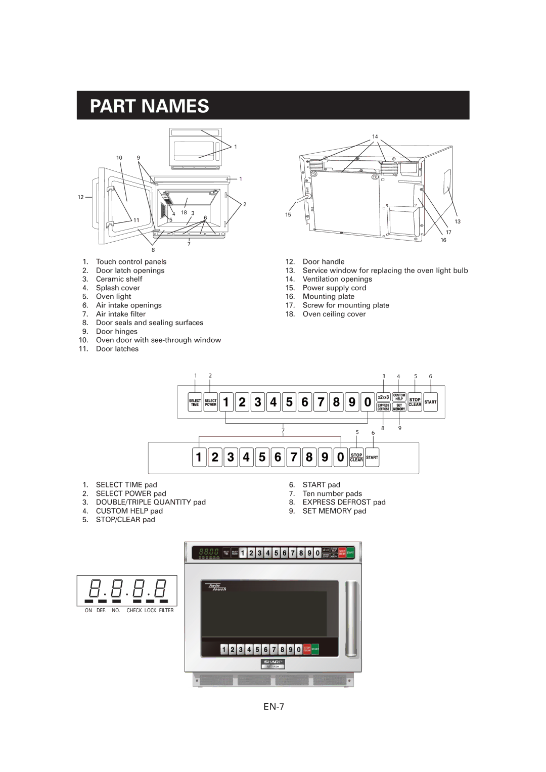 Sharp CD2200M, R-CD1200M, CD1800M operation manual Part Names, EN-7 