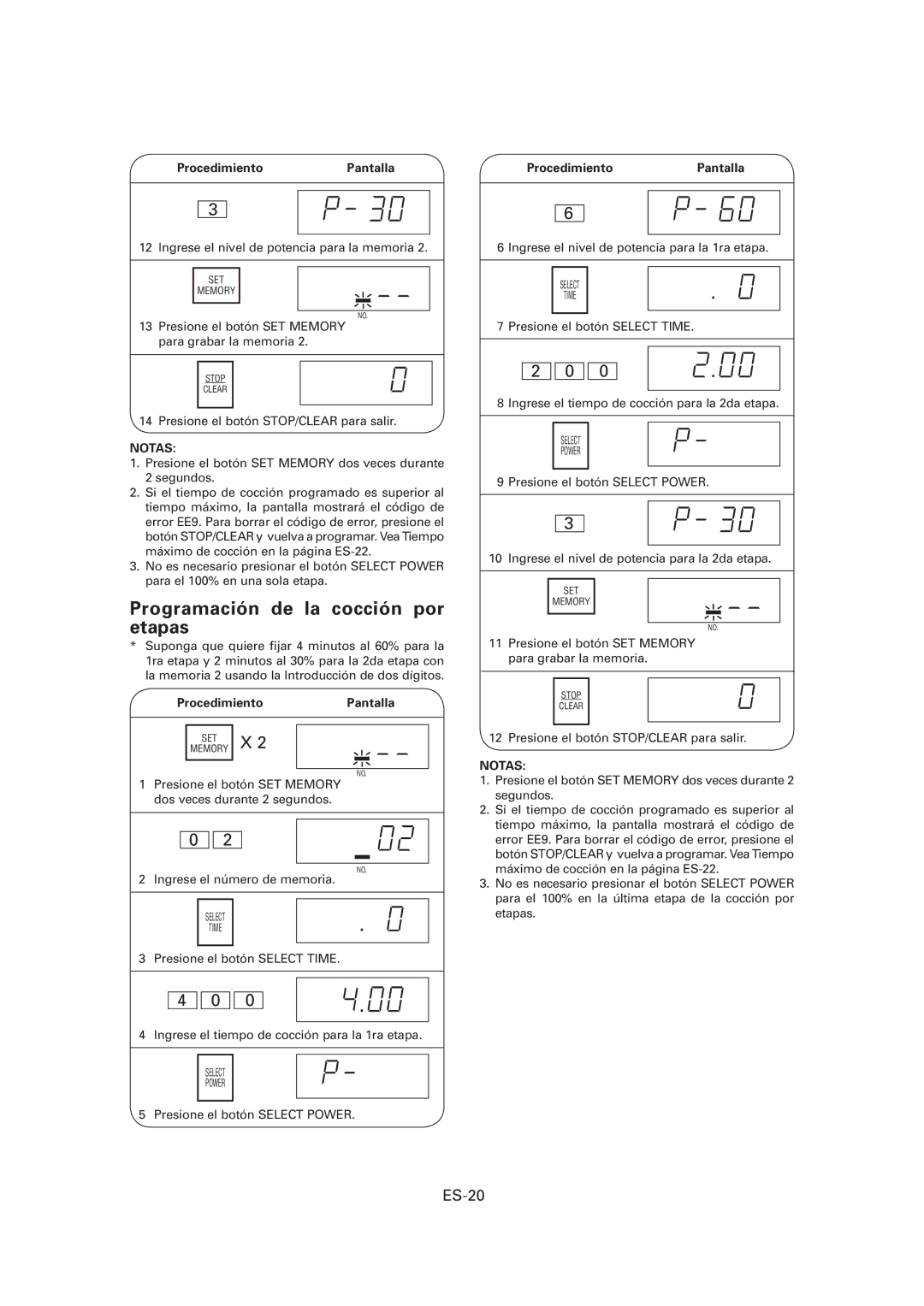 Sharp R-CD1200M, CD1800M, CD2200M operation manual Programación de la cocción por etapas, ES-20 