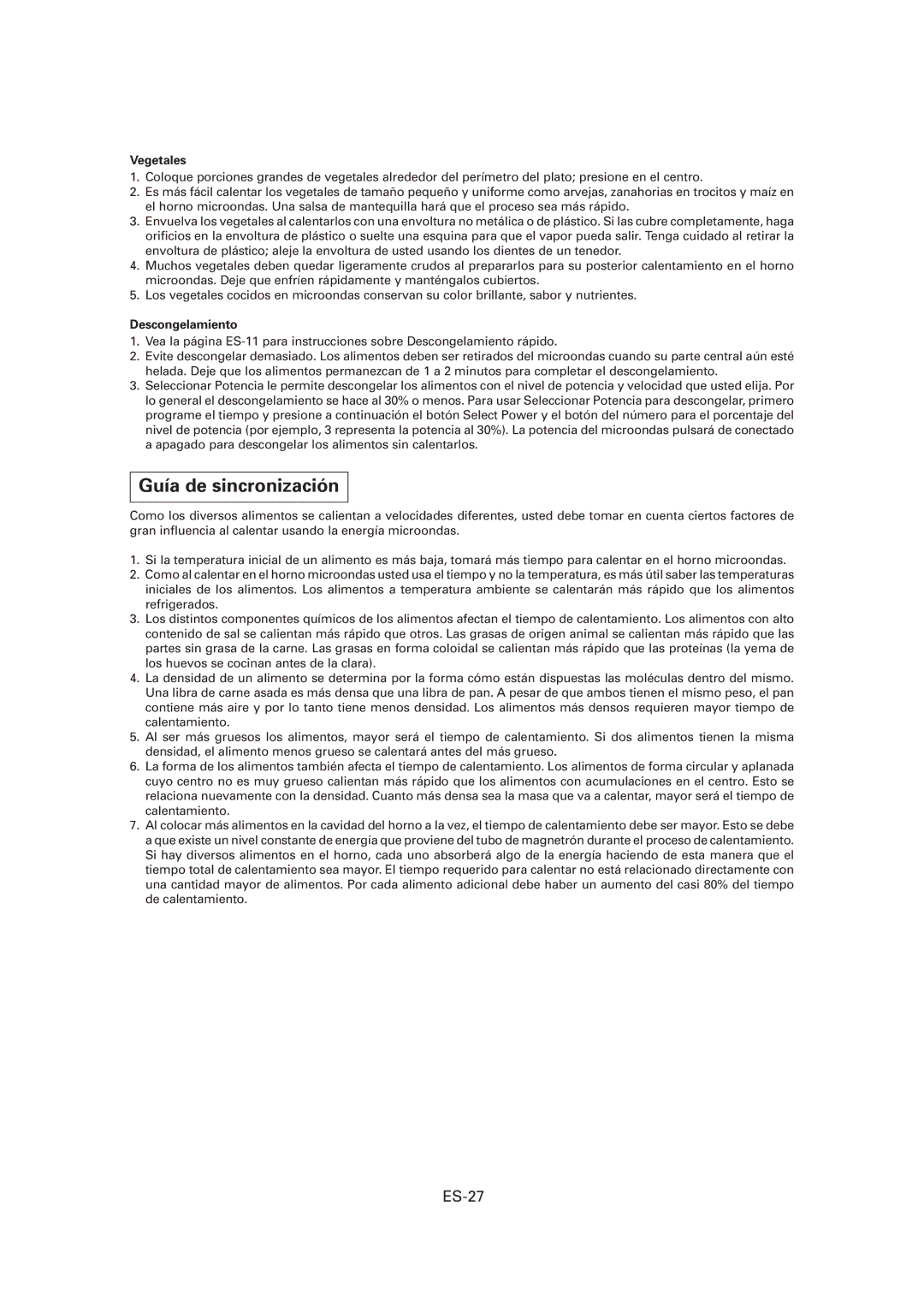 Sharp CD1800M, R-CD1200M, CD2200M operation manual Guía de sincronización, ES-27, Vegetales, Descongelamiento 