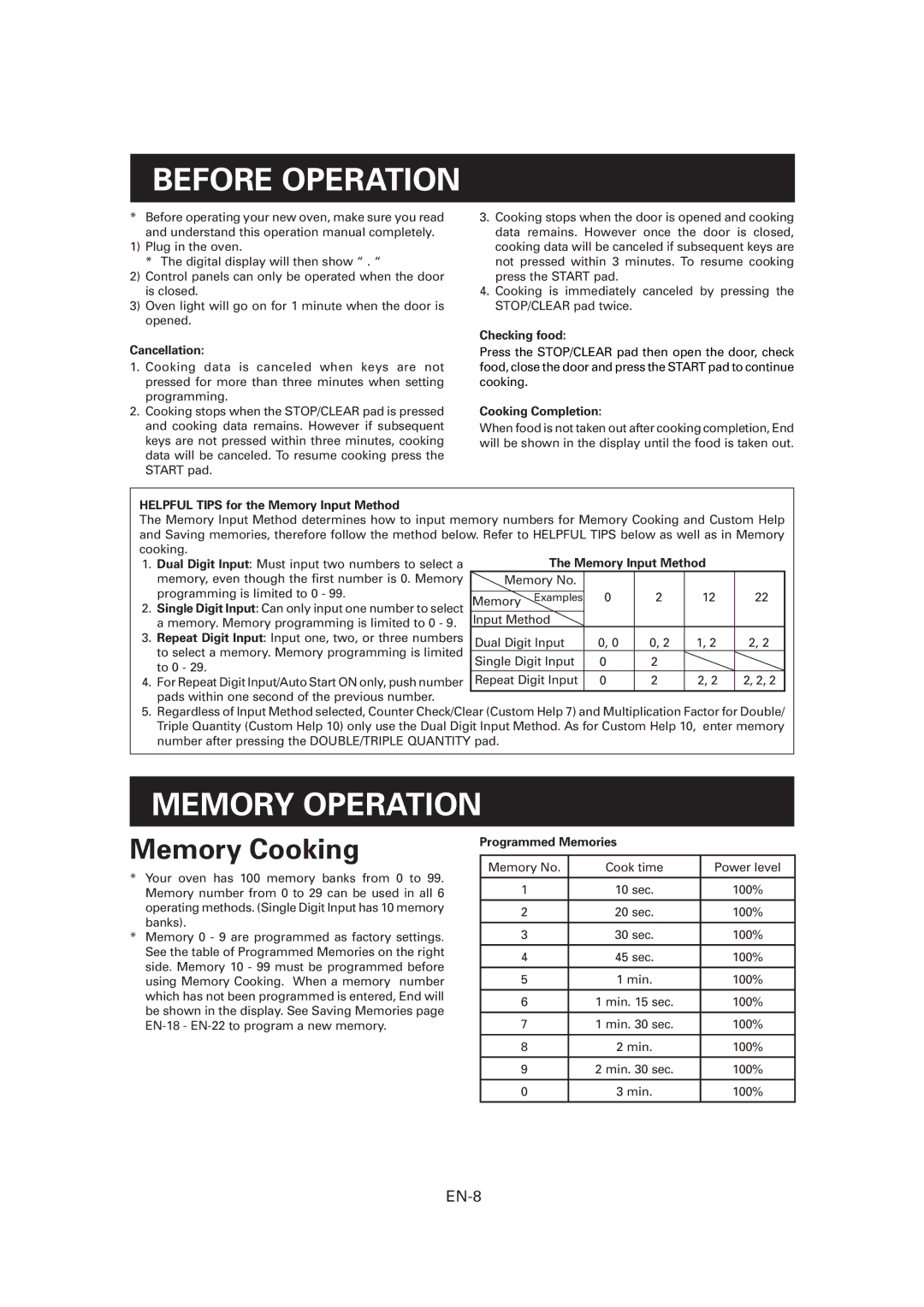 Sharp R-CD1200M, CD1800M, CD2200M operation manual Before Operation, Memory Operation, EN-8 