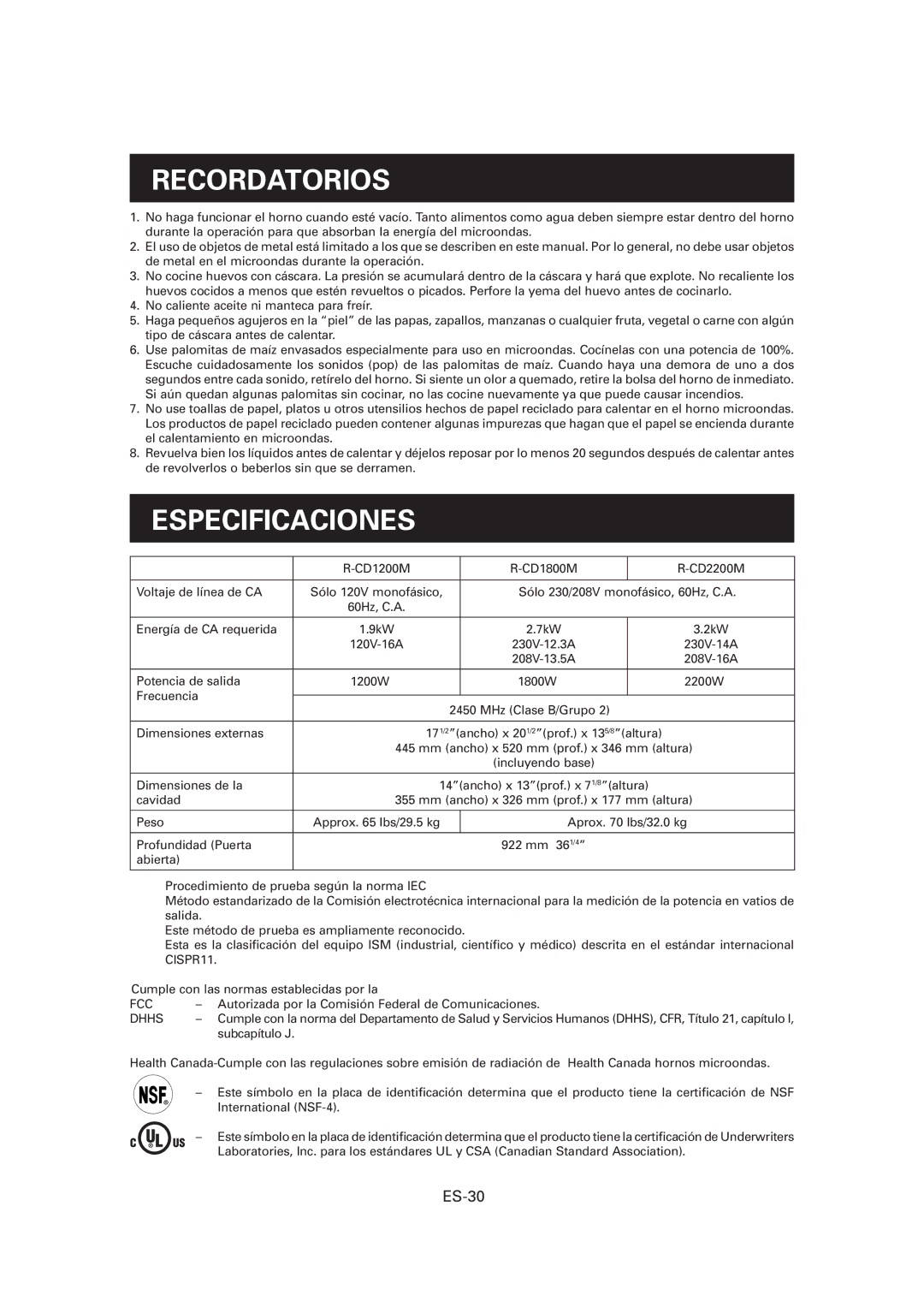 Sharp CD1800M, R-CD1200M, CD2200M operation manual Recordatorios, Especificaciones, ES-30 