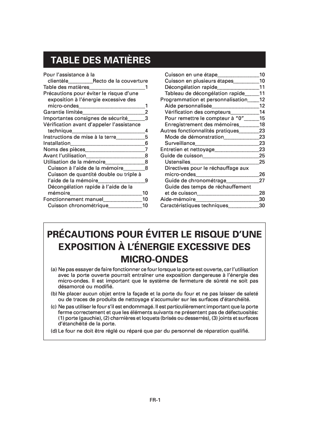 Sharp CD2200M, R-CD1200M, CD1800M operation manual Table Des Matières, Précautions Pour Éviter Le Risque D’Une 
