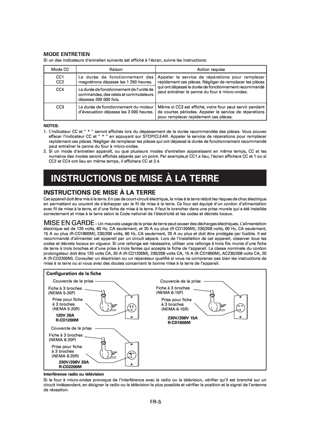 Sharp CD1800M Instructions De Mise À La Terre, Mode Entretien, Conﬁguration de la ﬁche, Notes, 120V 20A R-CD1200M 