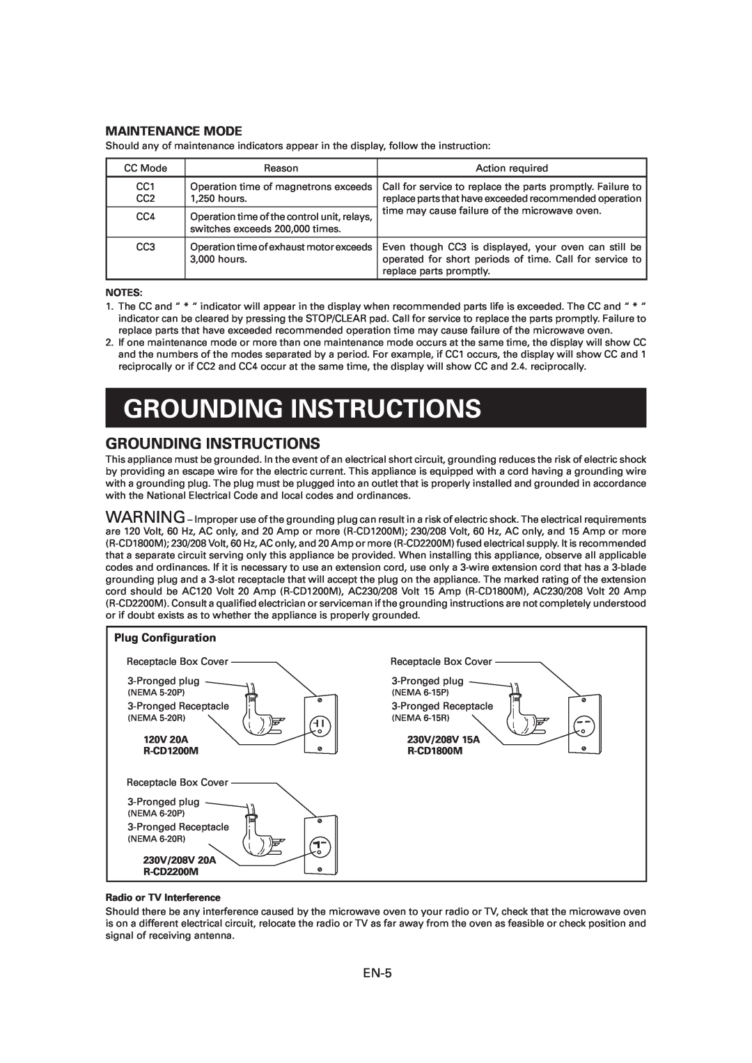 Sharp Grounding Instructions, Maintenance Mode, Plug Conﬁguration, Notes, 120V 20A R-CD1200M, 230V/208V 20A R-CD2200M 