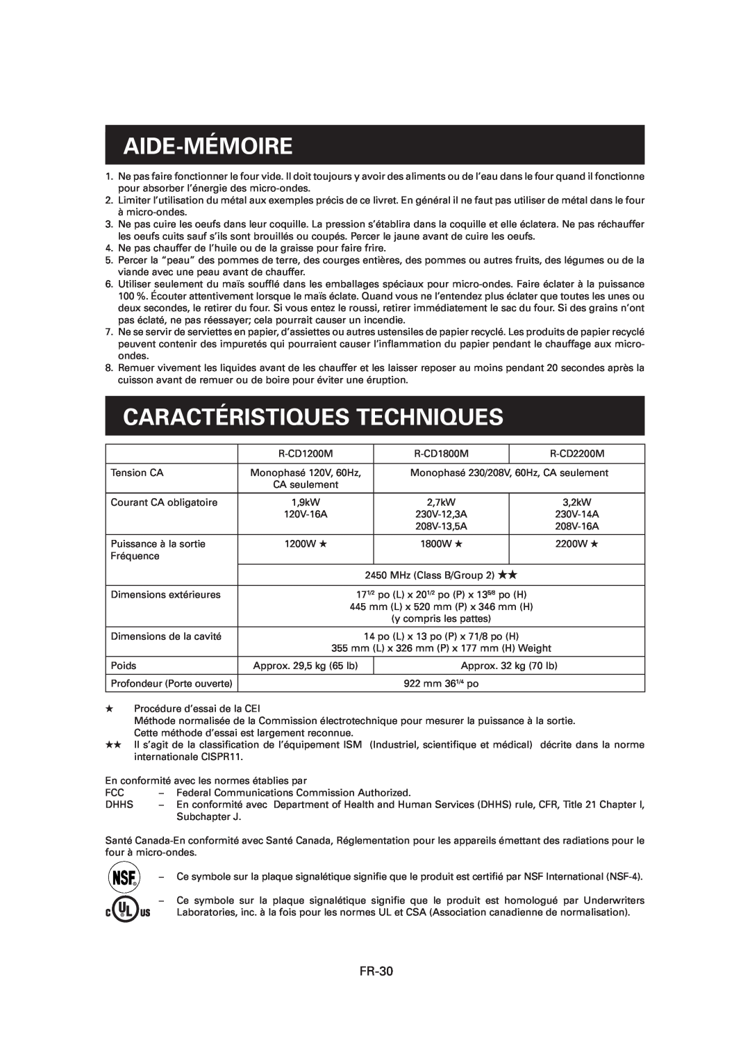 Sharp CD1800M, R-CD1200M, CD2200M operation manual Aide-Mémoire, Caractéristiques Techniques, FR-30 