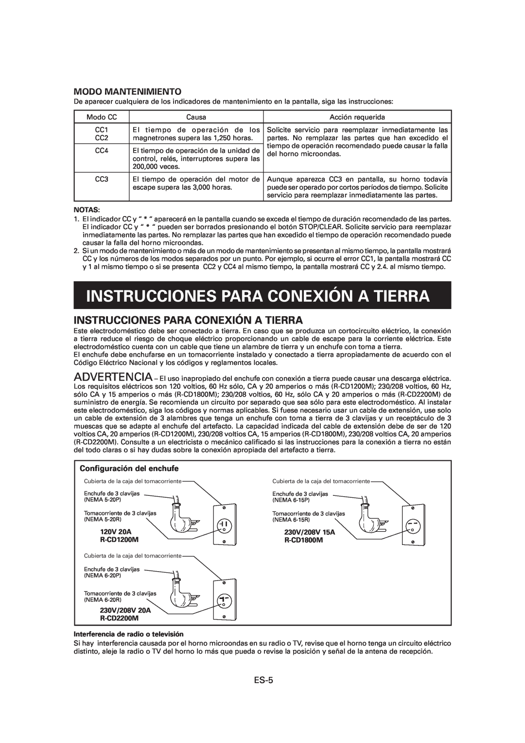 Sharp R-CD1200M Instrucciones Para Conexión A Tierra, Modo Mantenimiento, Conﬁguración del enchufe, Notas, 120V 20A 