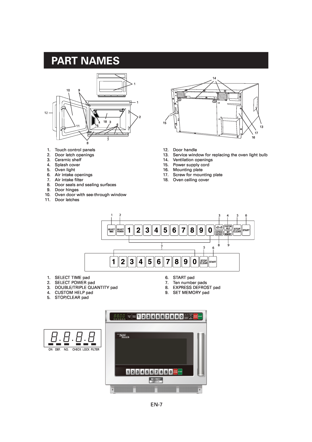 Sharp CD2200M, R-CD1200M, CD1800M operation manual Part Names, EN-7 
