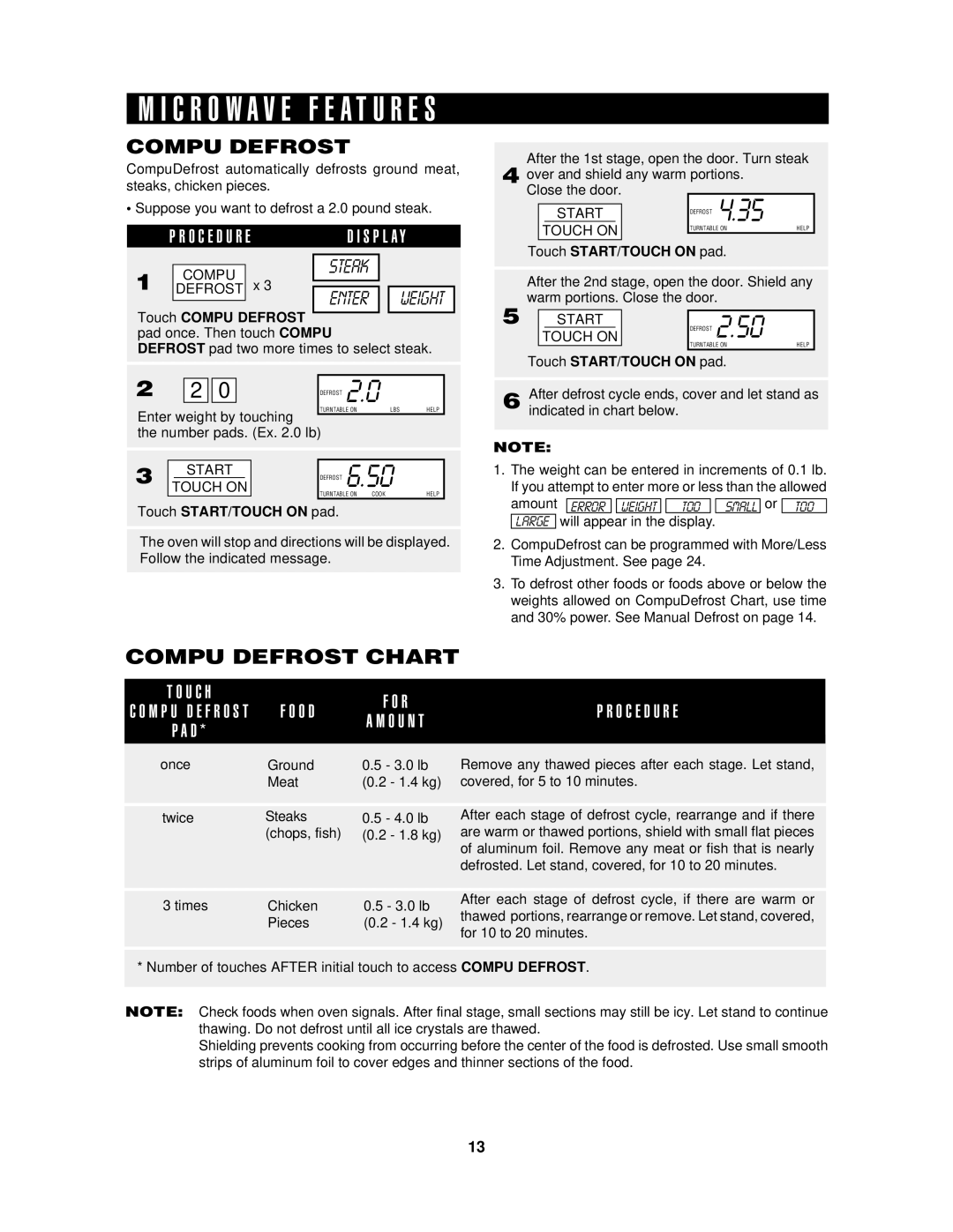 Sharp R1874T, R1875T, R-1875, R-1874 Compu Defrost Chart, Steak, Enter, Touch Compu Defrost pad once. Then touch Compu 