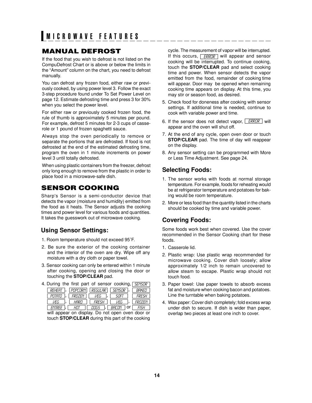 Sharp R-1874, R1875T, R-1875, R1874T operation manual Manual Defrost, Sensor Cooking 