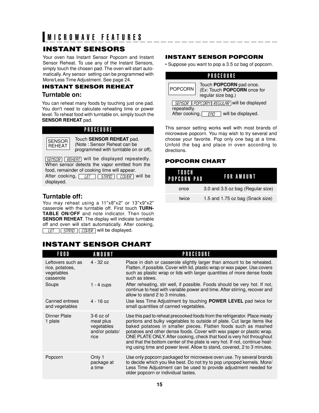 Sharp R1875T, R-1875 Instant Sensors, Instant Sensor Chart, Instant Sensor Reheat, Instant Sensor Popcorn, Popcorn Chart 