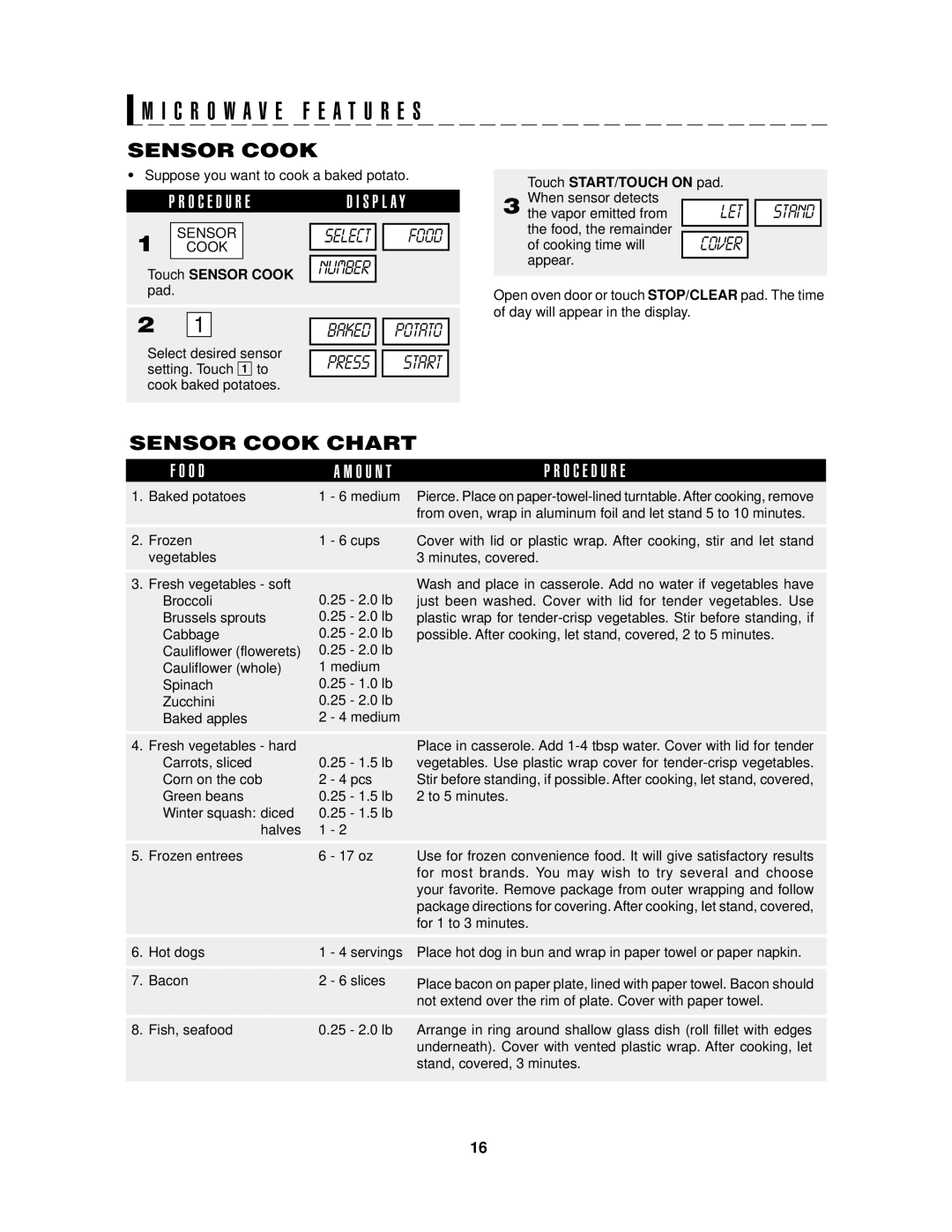 Sharp R-1875, R1875T, R1874T, R-1874 operation manual Sensor Cook Chart, Press, Touch Sensor Cook 