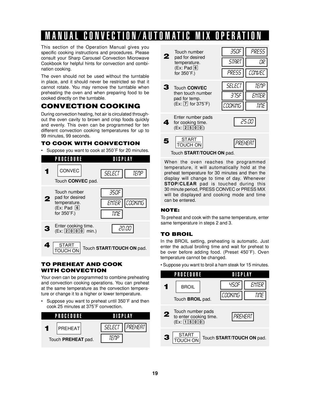 Sharp R1875T, R-1875, R1874T, R-1874 operation manual Convection Cooking, Temp, Time, Start 