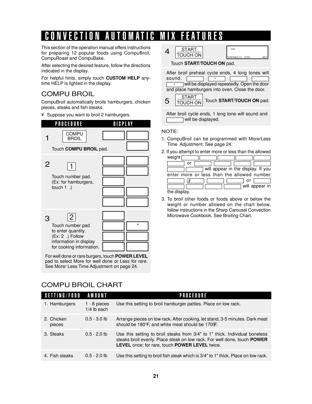 Sharp R1874T, R1875T, R-1875, R-1874 operation manual X F E a T U R E S, Compu Broil Chart 