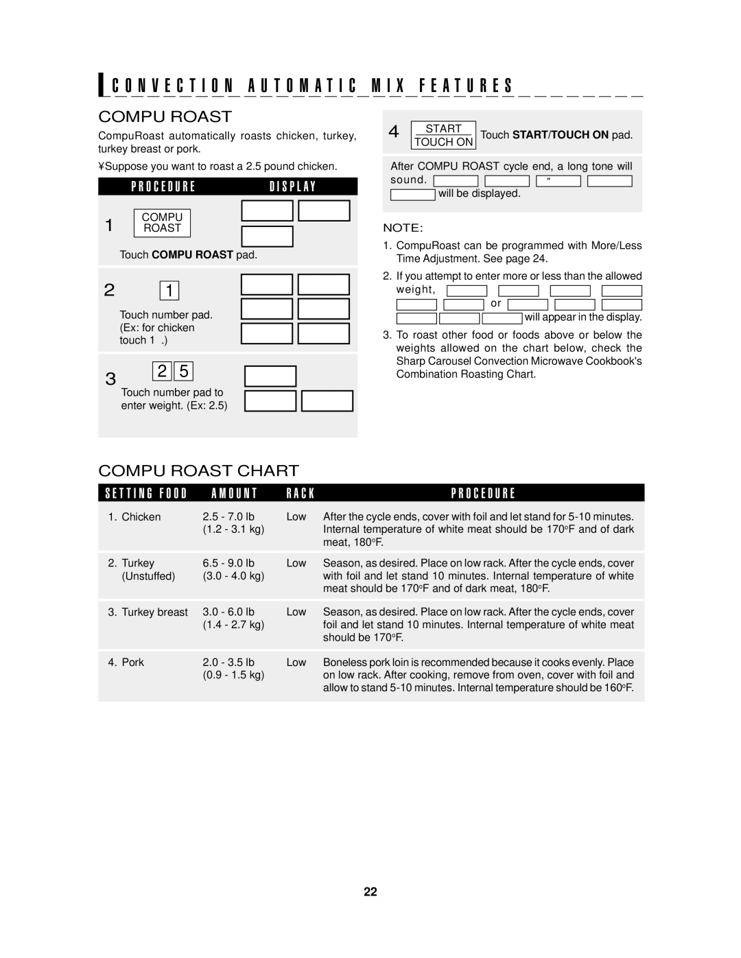 Sharp R-1874 N V E C T I O N a U T O M a T I C M I X F E a T U R E S, Compu Roast Chart, Use, Touch Compu Roast pad 