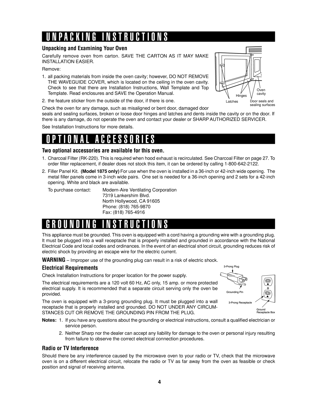 Sharp R-1875, R1875T, R1874T, R-1874 operation manual P a C K I N G I N S T R U C T I O N S, T I O N a L a C C E S S O R I E S 