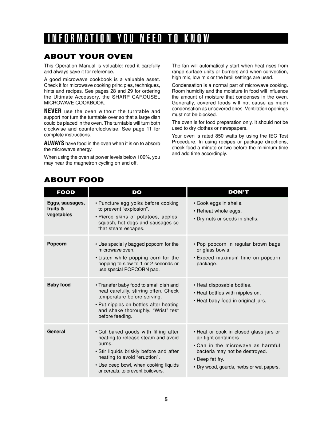 Sharp R1874T, R1875T, R-1875, R-1874 operation manual About Your Oven, About Food 