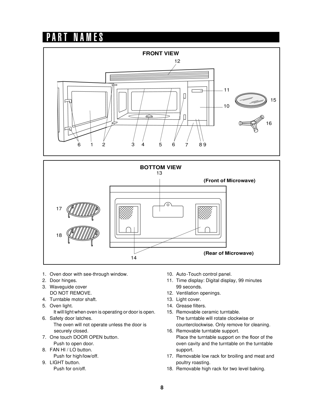 Sharp R-1875, R1875T, R1874T, R-1874 Front View Bottom View, Front of Microwave Rear of Microwave, Do not Remove 