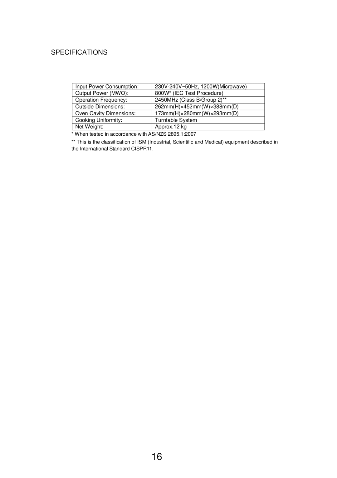 Sharp R240Y manual Specifications 