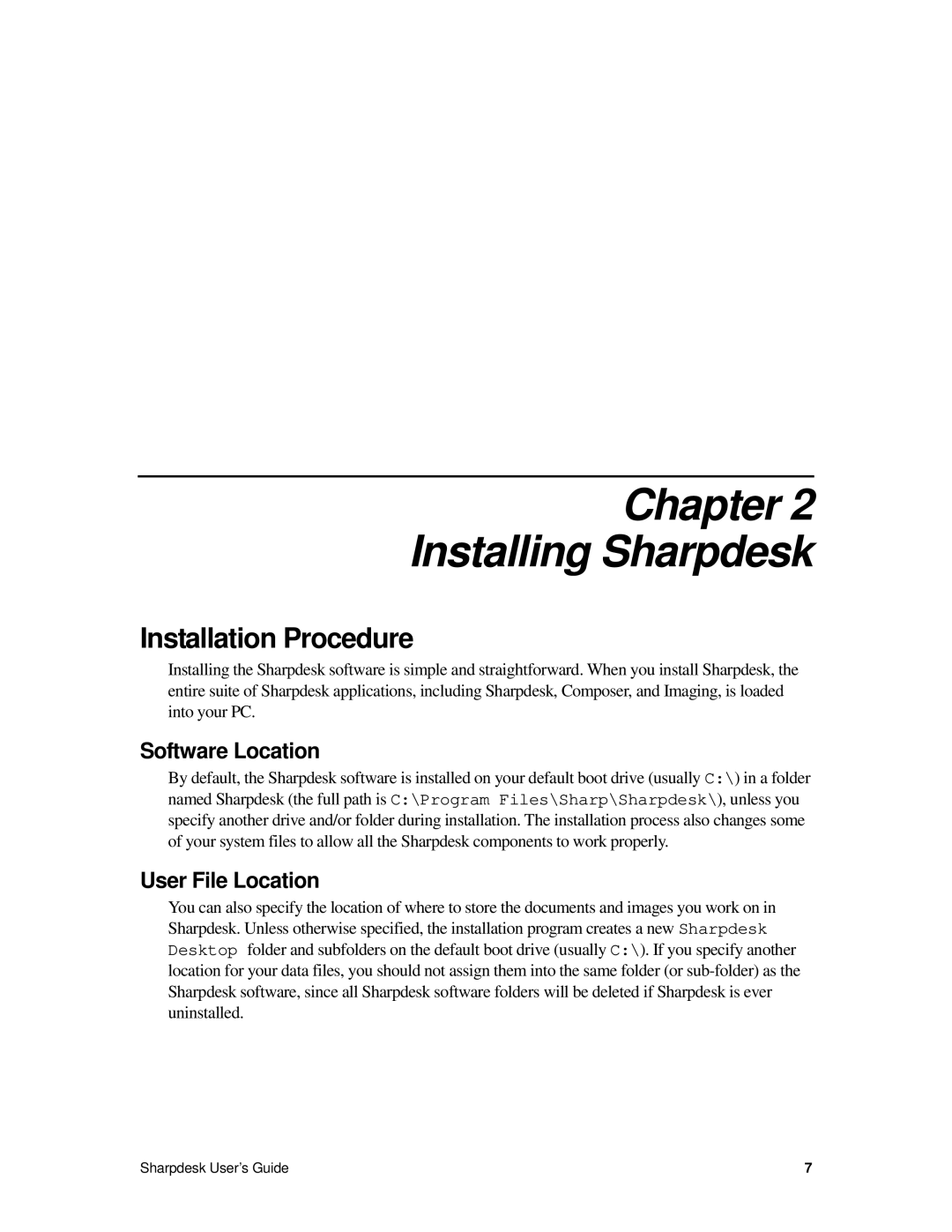 Sharp R2.7 manual Chapter Installing Sharpdesk, Installation Procedure, Software Location, User File Location 