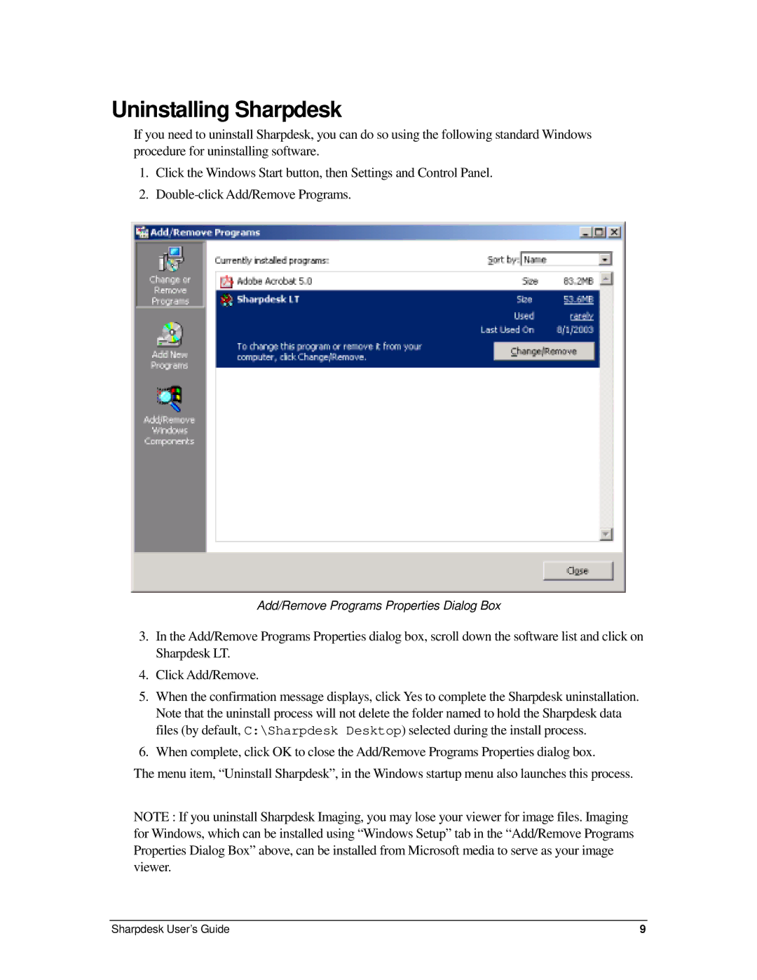 Sharp R2.7 manual Uninstalling Sharpdesk 