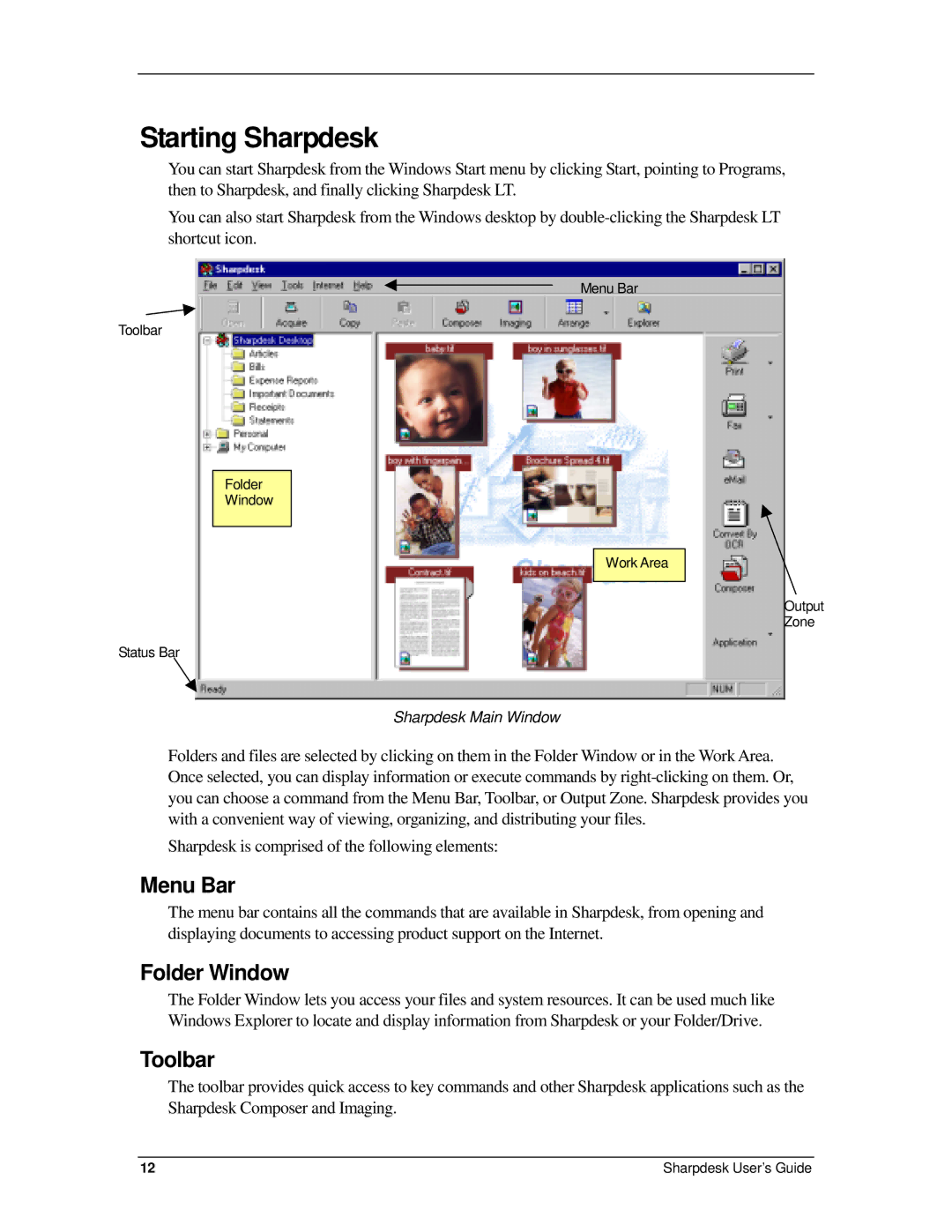 Sharp R2.7 manual Starting Sharpdesk, Menu Bar, Folder Window, Toolbar 