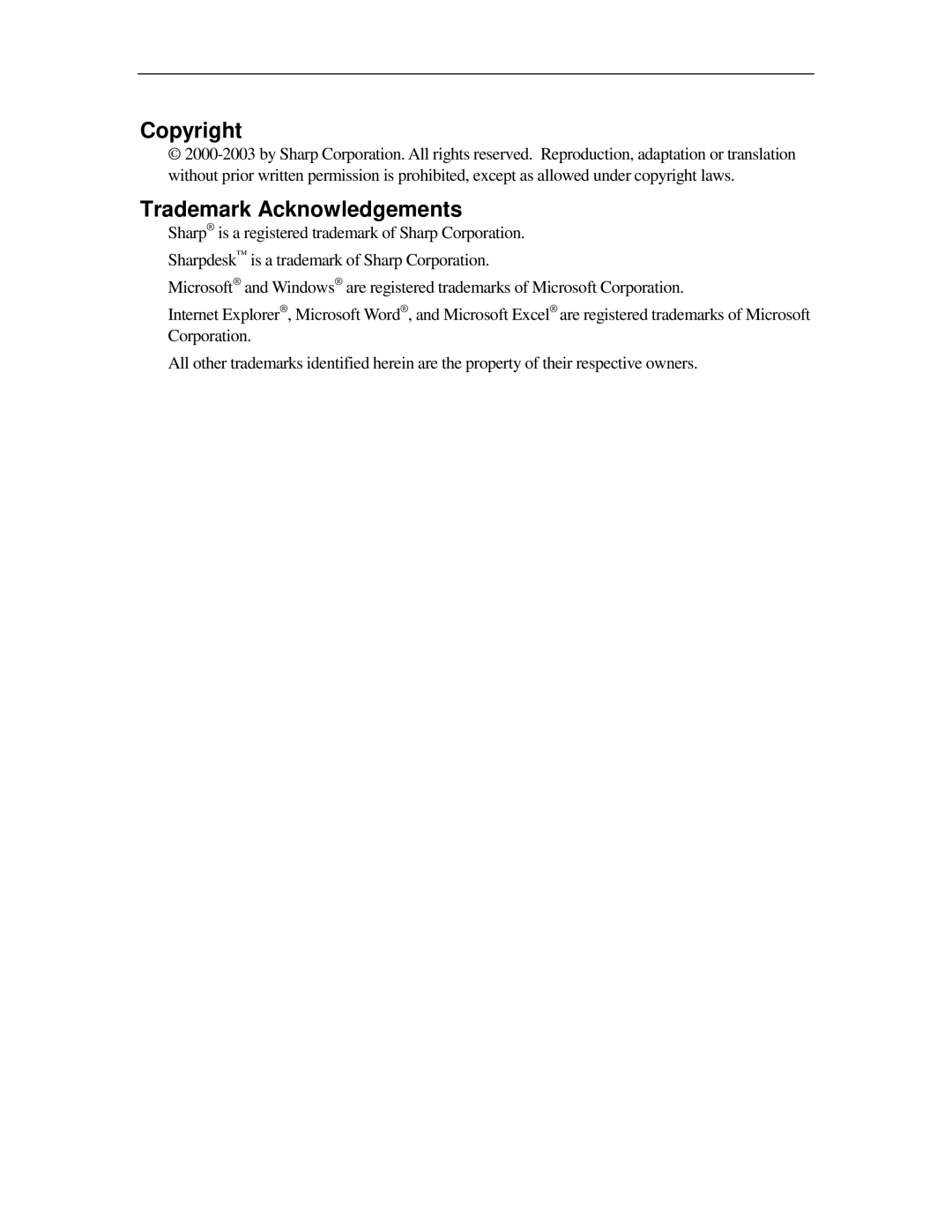 Sharp R2.7 manual Copyright, Trademark Acknowledgements 