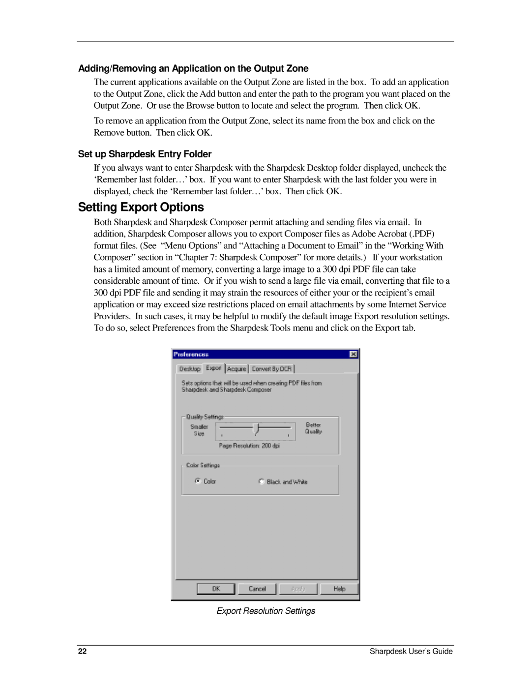 Sharp R2.7 manual Setting Export Options, Adding/Removing an Application on the Output Zone, Set up Sharpdesk Entry Folder 