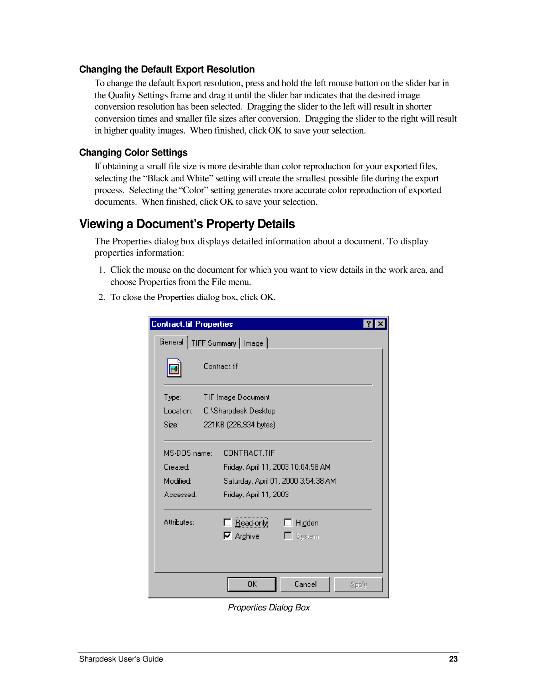 Sharp R2.7 manual Viewing a Document’s Property Details, Changing the Default Export Resolution, Changing Color Settings 