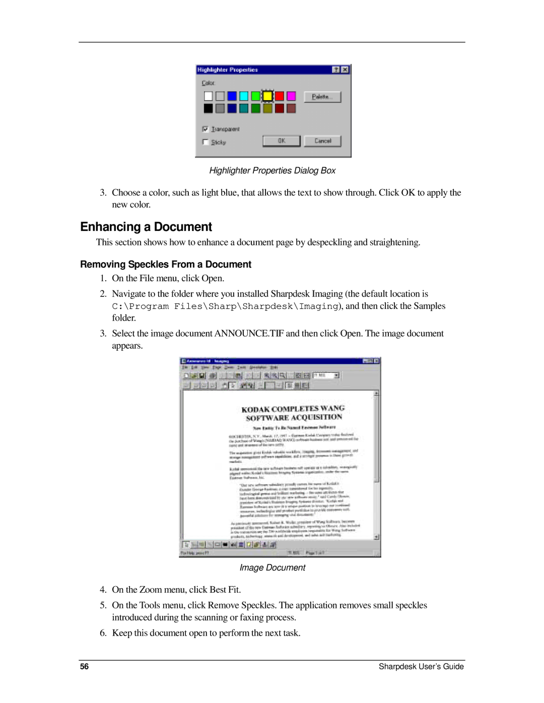 Sharp R2.7 manual Enhancing a Document, Removing Speckles From a Document 