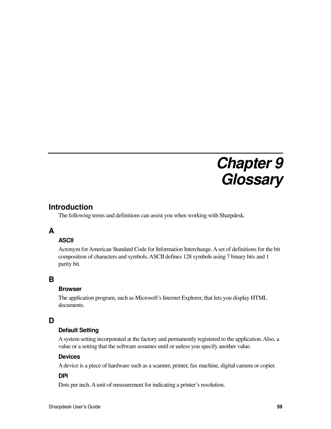 Sharp R2.7 manual Chapter Glossary, Browser, Default Setting, Devices 