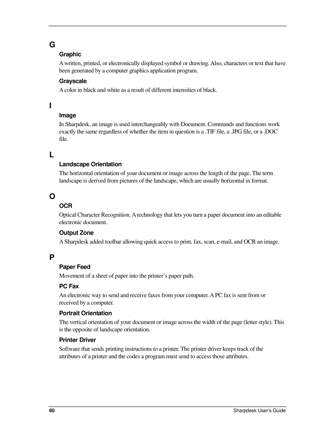 Sharp R2.7 manual Graphic, Grayscale, Image, Landscape Orientation, Output Zone, Paper Feed, PC Fax, Portrait Orientation 