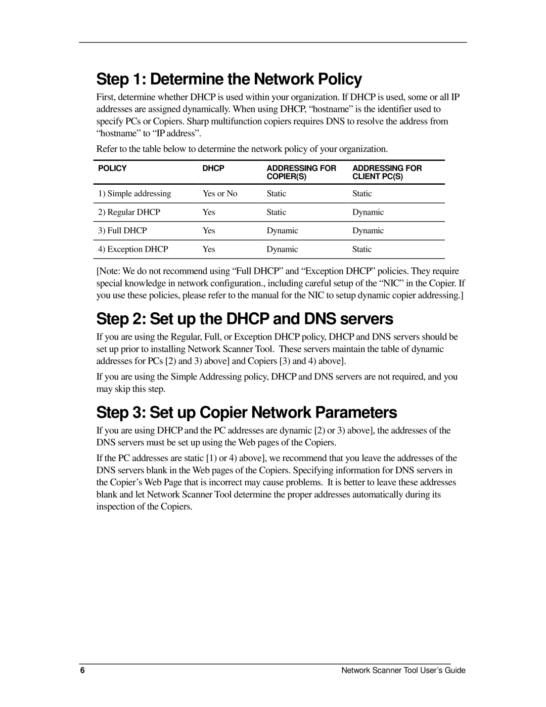 Sharp R2.7 manual Determine the Network Policy, Set up the Dhcp and DNS servers, Set up Copier Network Parameters 