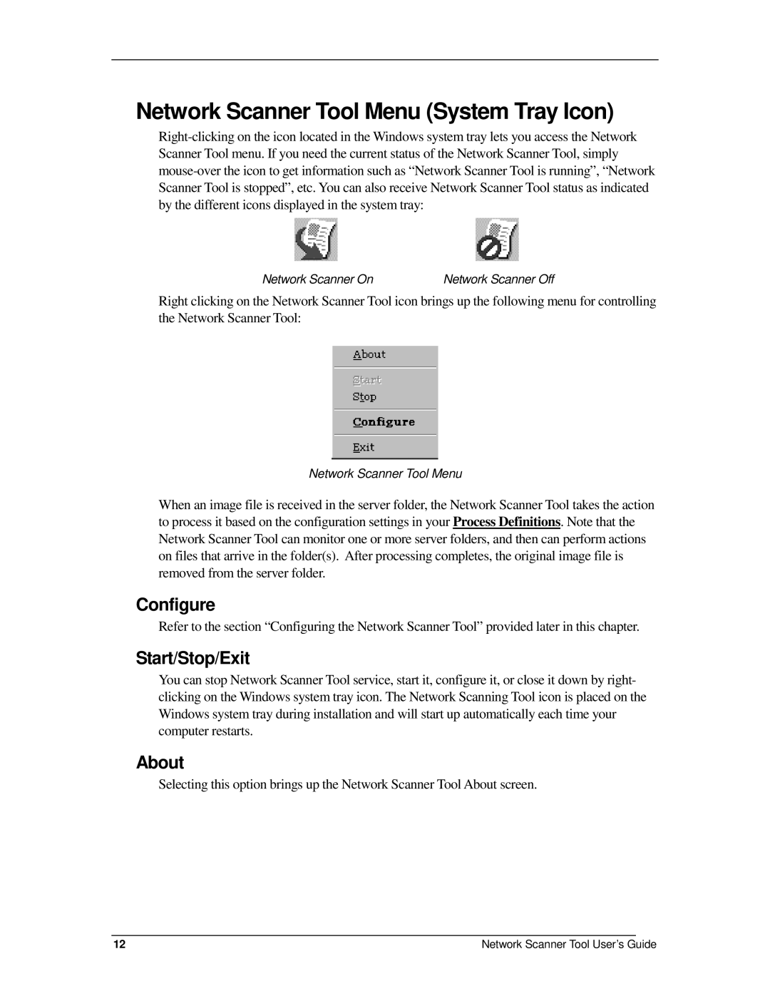 Sharp R2.7 manual Network Scanner Tool Menu System Tray Icon, Configure, Start/Stop/Exit, About 