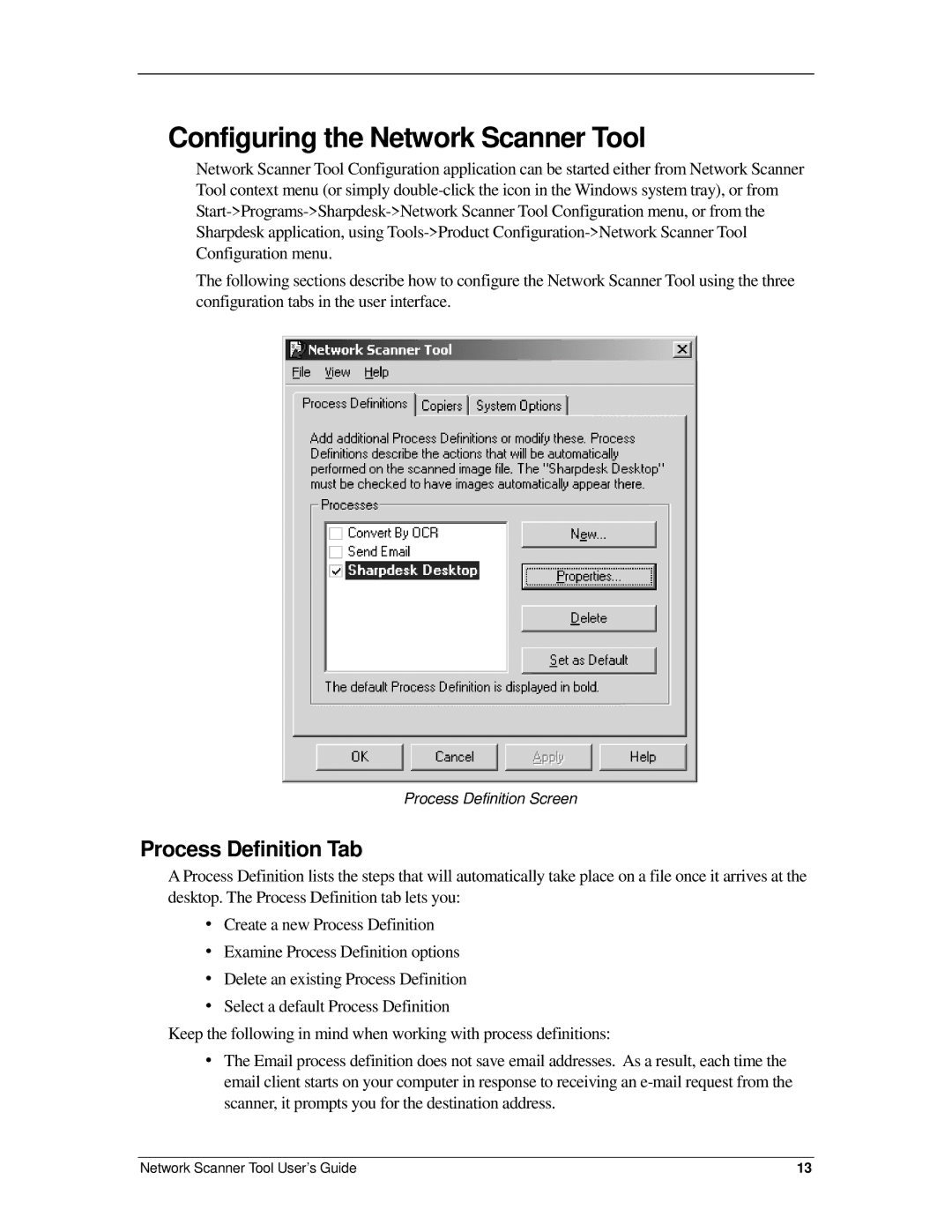 Sharp R2.7 manual Configuring the Network Scanner Tool, Process Definition Tab 