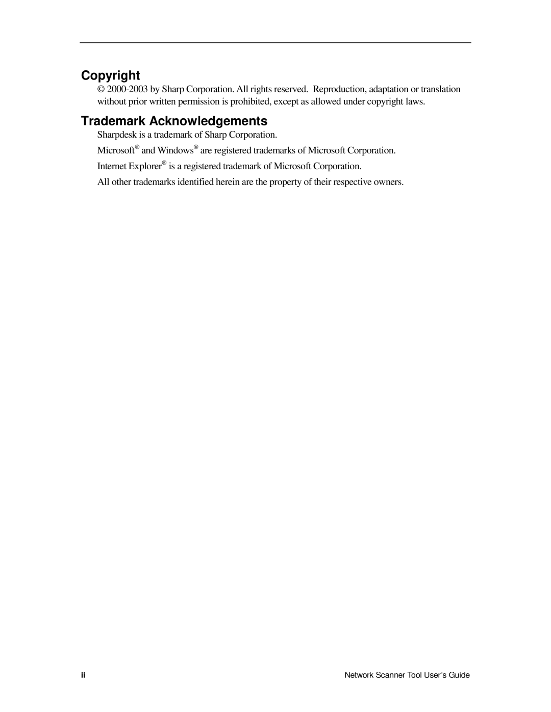 Sharp R2.7 manual Copyright, Trademark Acknowledgements 