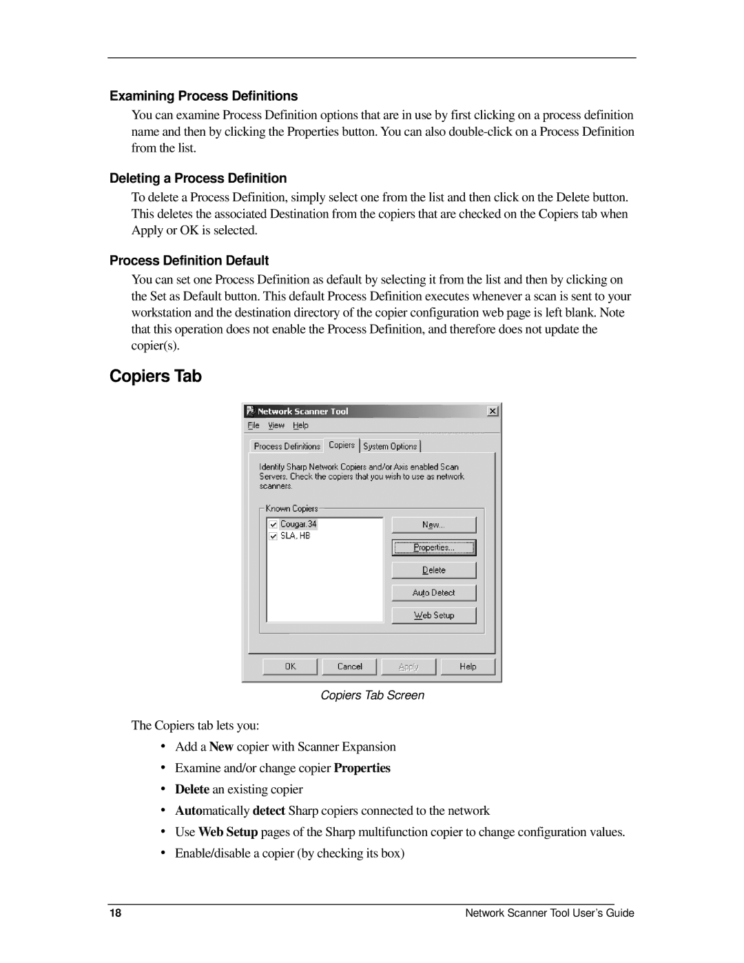 Sharp R2.7 manual Copiers Tab, Examining Process Definitions, Deleting a Process Definition, Process Definition Default 