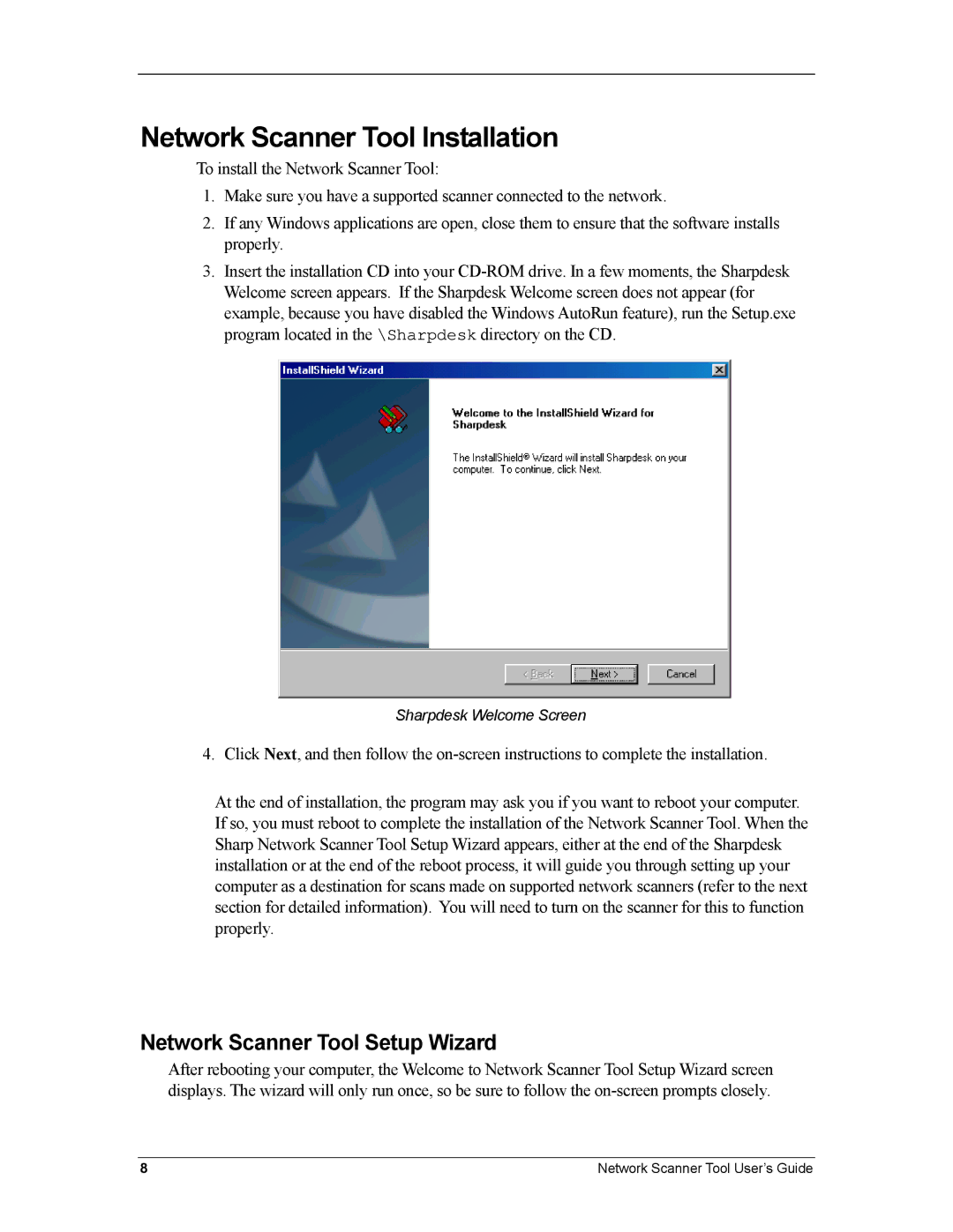 Sharp R3.1 manual Network Scanner Tool Installation, Network Scanner Tool Setup Wizard 