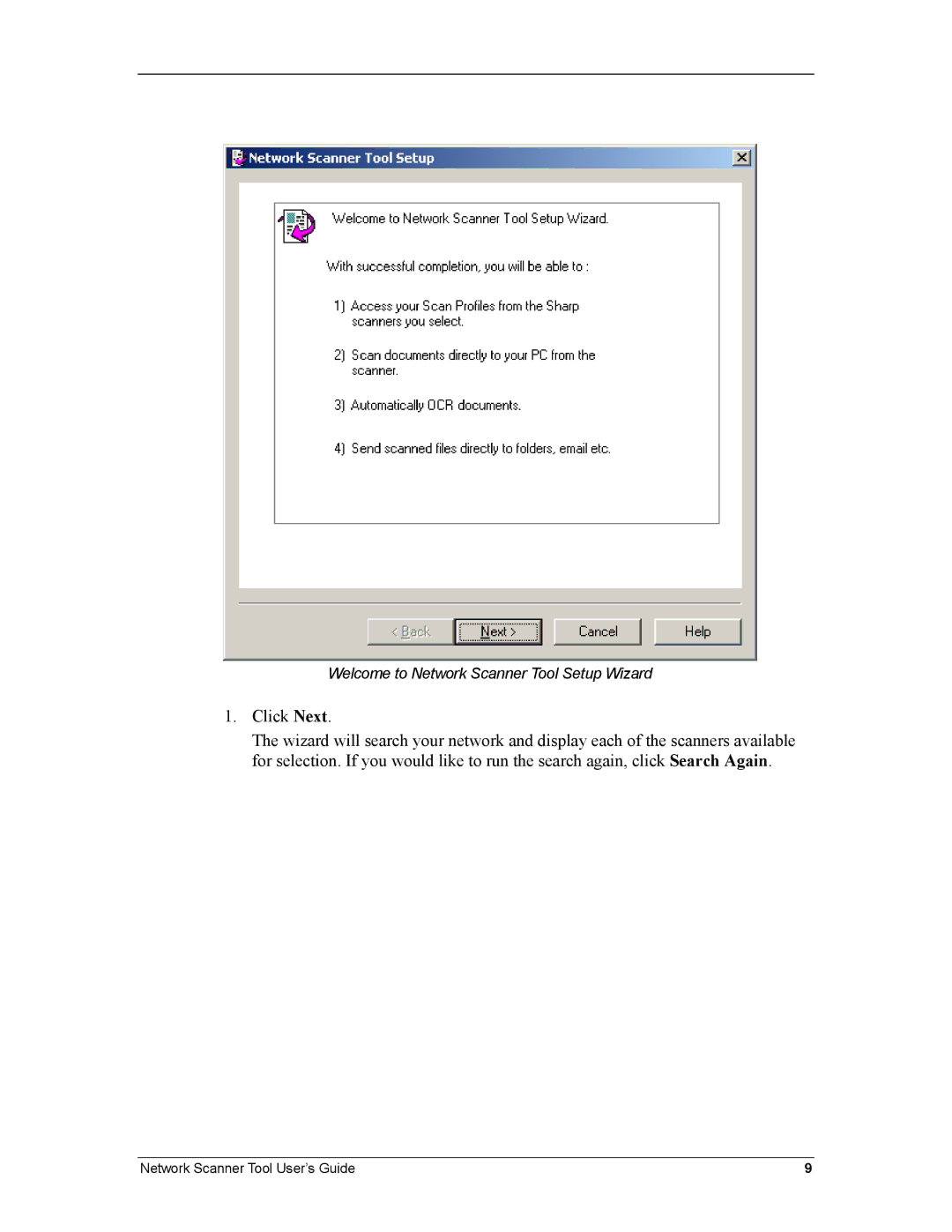 Sharp R3.1 manual Welcome to Network Scanner Tool Setup Wizard 