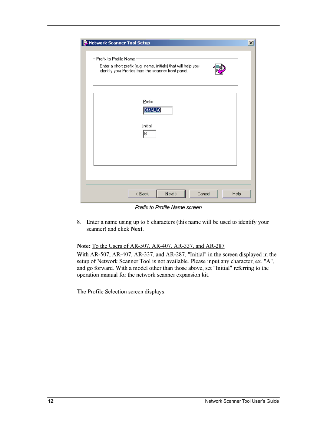 Sharp R3.1 manual Prefix to Profile Name screen 