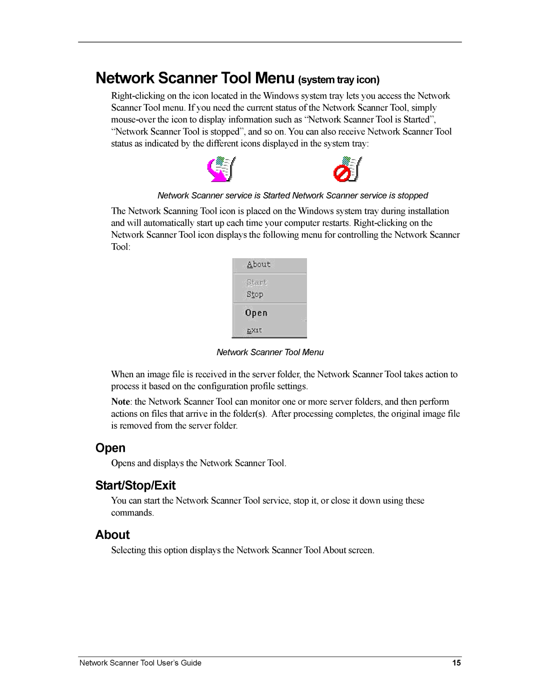 Sharp R3.1 manual Network Scanner Tool Menu system tray icon, Open, Start/Stop/Exit, About 