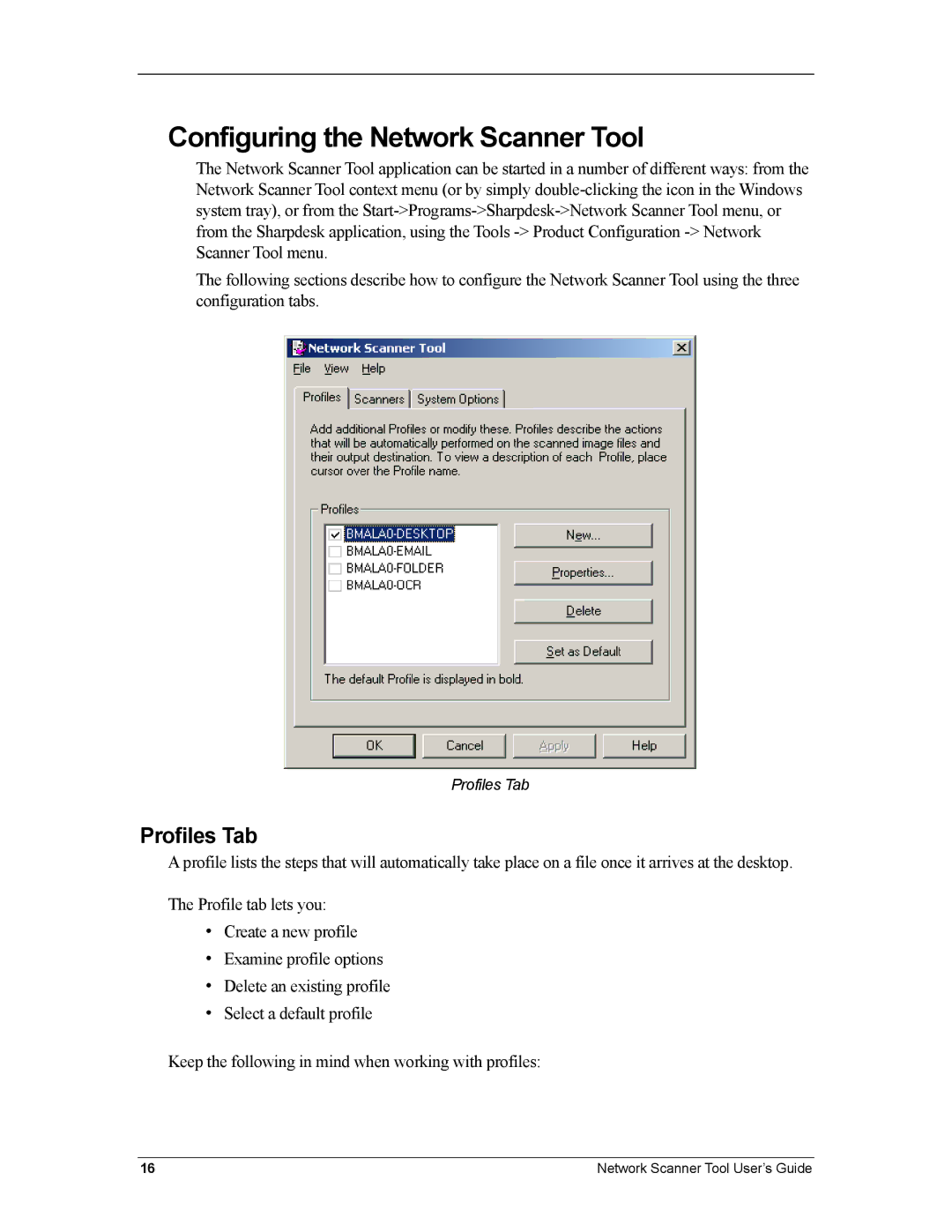 Sharp R3.1 manual Configuring the Network Scanner Tool, Profiles Tab 