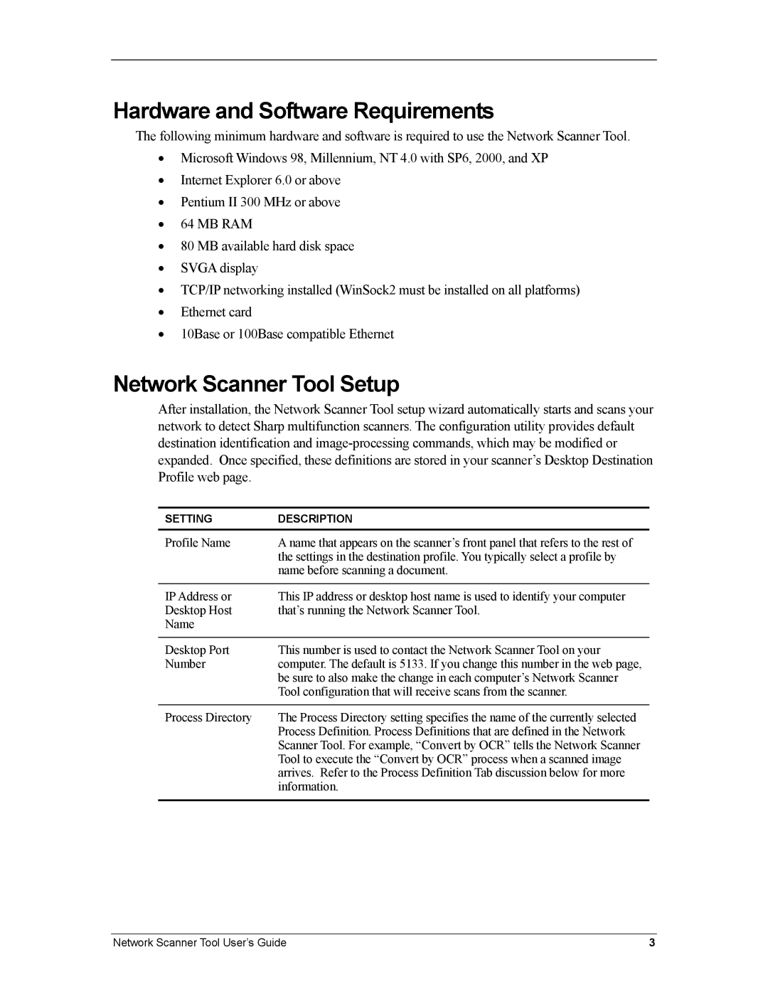 Sharp R3.1 manual Hardware and Software Requirements, Network Scanner Tool Setup 