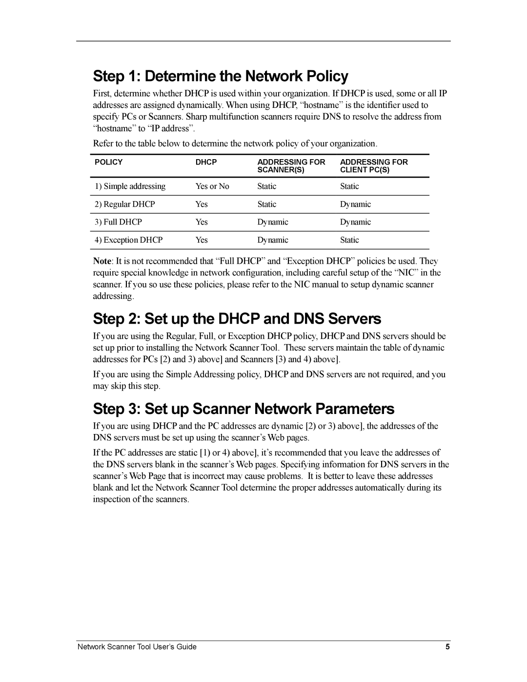 Sharp R3.1 manual Determine the Network Policy, Set up the Dhcp and DNS Servers, Set up Scanner Network Parameters 