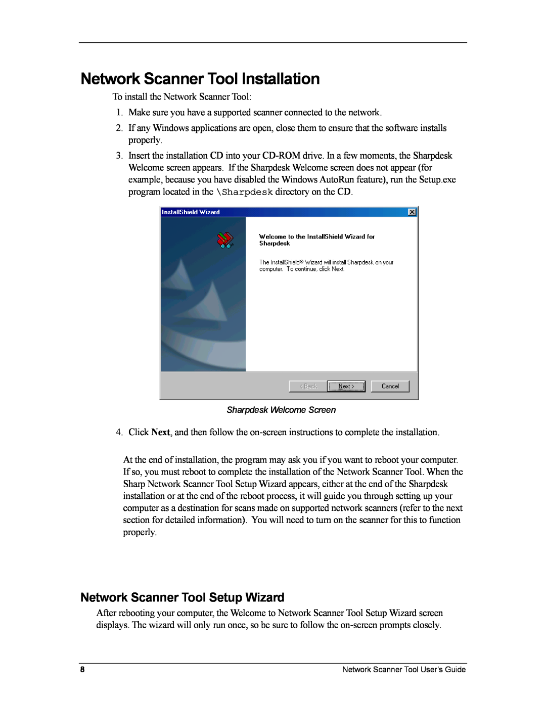 Sharp R3.1 manual Network Scanner Tool Installation, Network Scanner Tool Setup Wizard 