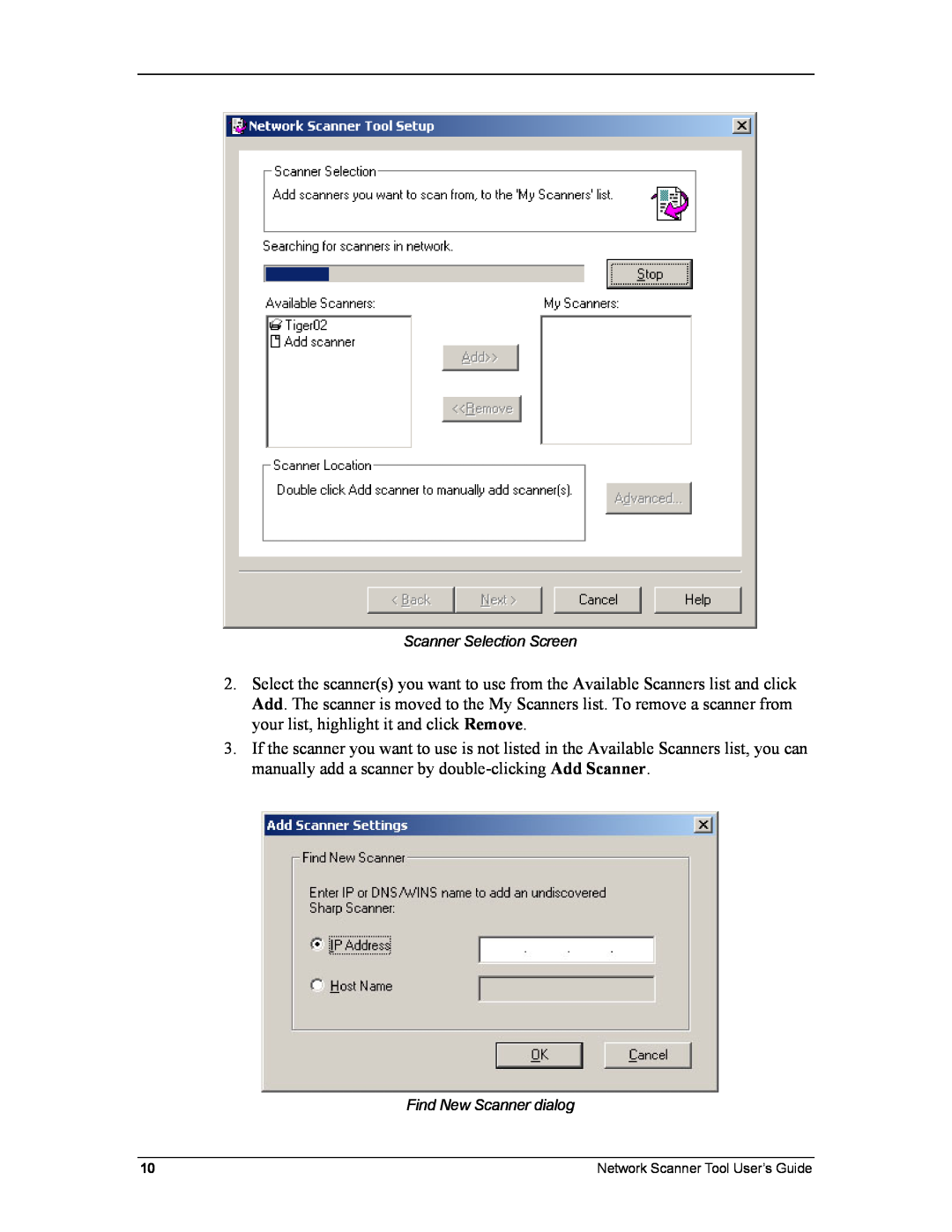 Sharp R3.1 manual Scanner Selection Screen, Find New Scanner dialog, Network Scanner Tool User’s Guide 