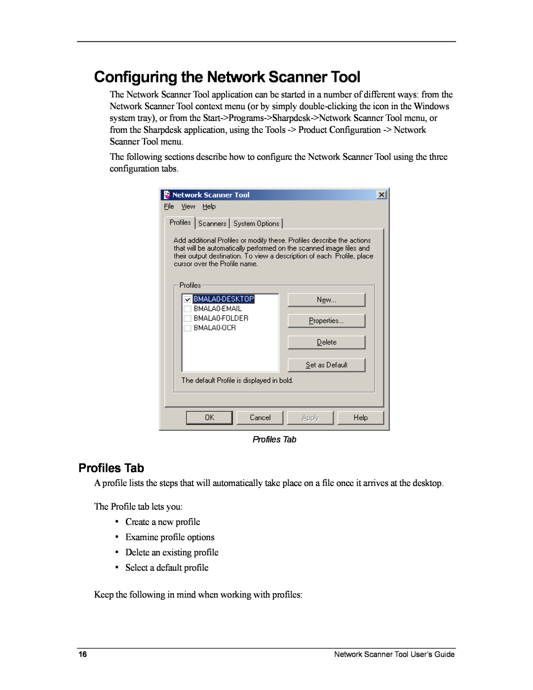 Sharp R3.1 manual Configuring the Network Scanner Tool, Profiles Tab 