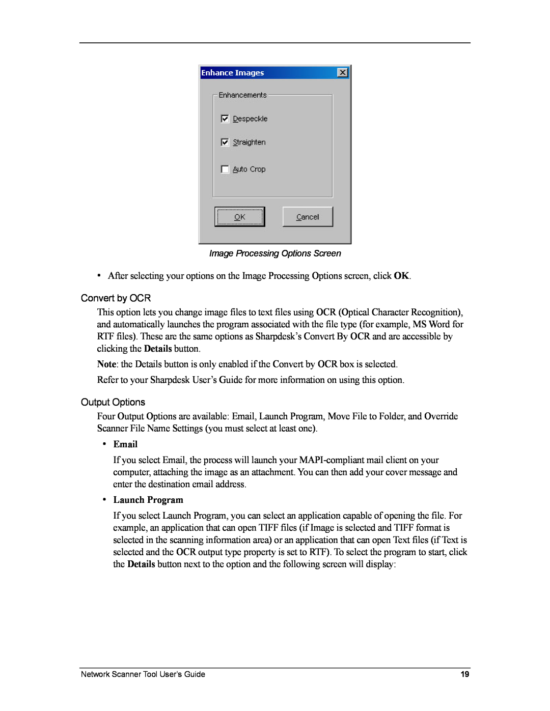 Sharp R3.1 manual Convert by OCR, Output Options, Email, Launch Program 